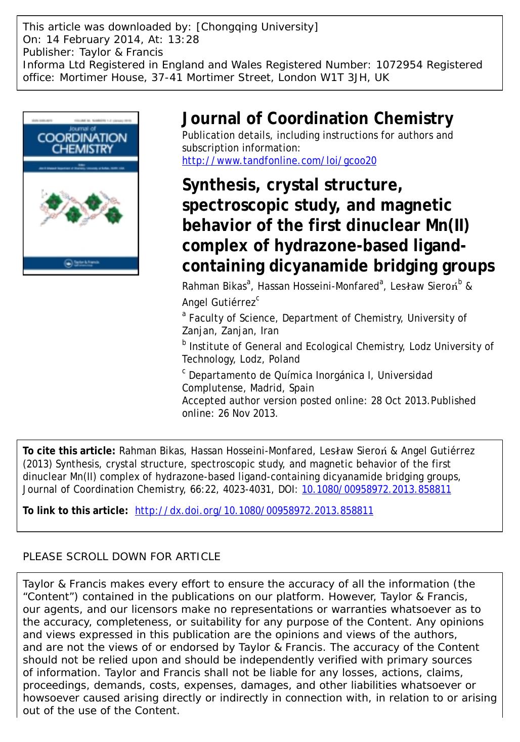Synthesis, crystal structure, spectroscopic study, and magnetic behavior of the first dinuclear Mn(II) complex of hydrazone-based ligand-containing dicyanamide bridging groups by Rahman Bikas & Hassan Hosseini-Monfared & Lesław Sieroń & Angel Gutiérrez