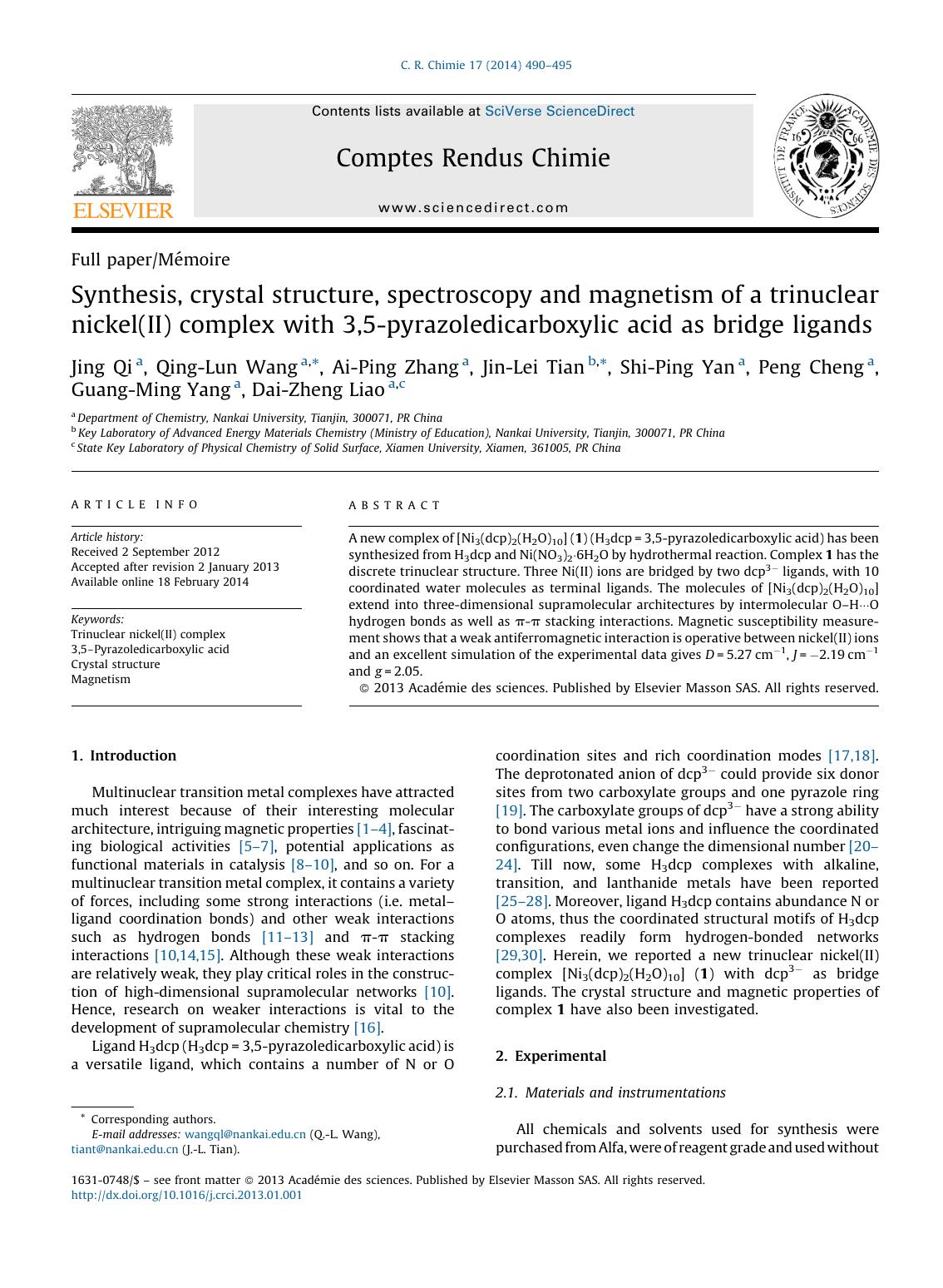 Synthesis, crystal structure, spectroscopy and magnetism of a trinuclear nickel(II) complex with 3,5-pyrazoledicarboxylic acid as bridge ligands by unknow