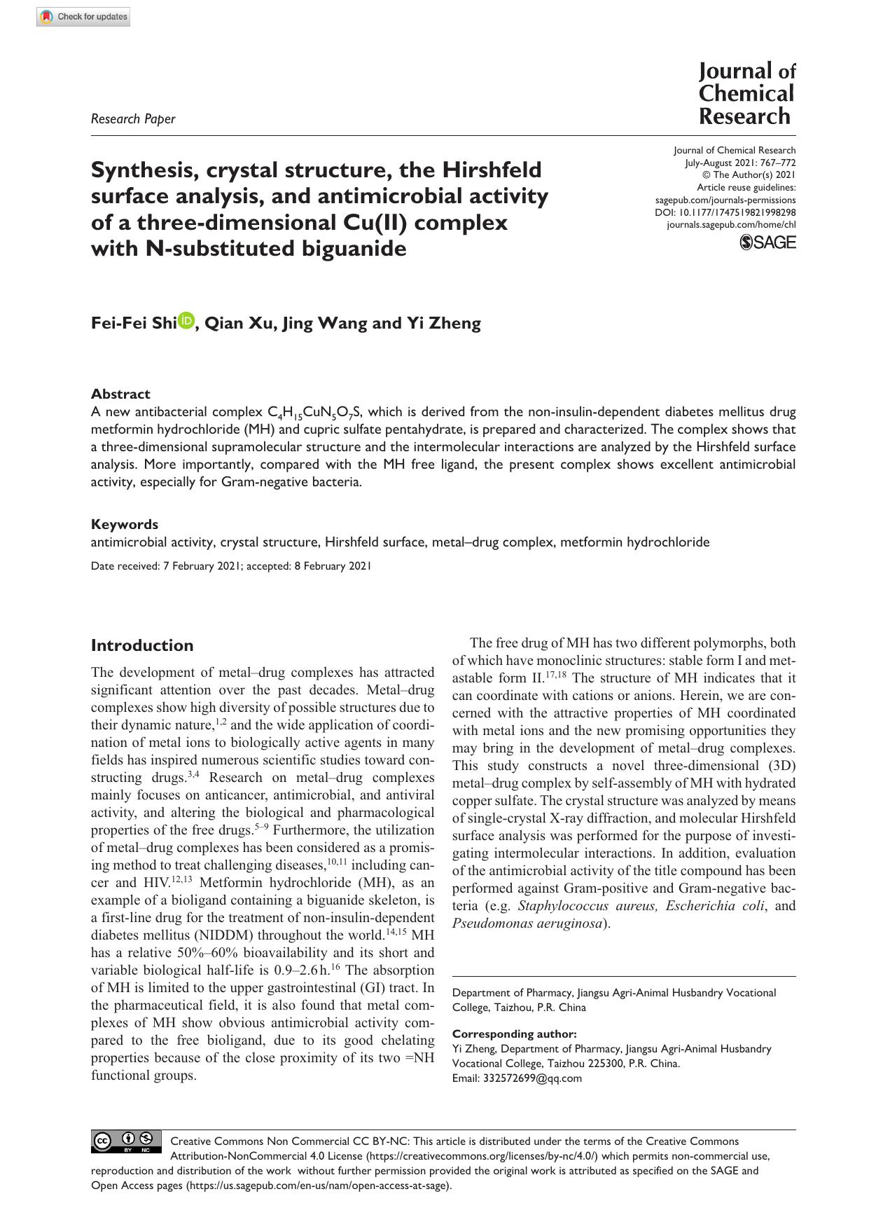 Synthesis, crystal structure, the Hirshfeld surface analysis, and antimicrobial activity of a three-dimensional Cu(II) complex with N-substituted biguanide by Fei-Fei Shi Qian Xu Jing Wang & Yi Zheng