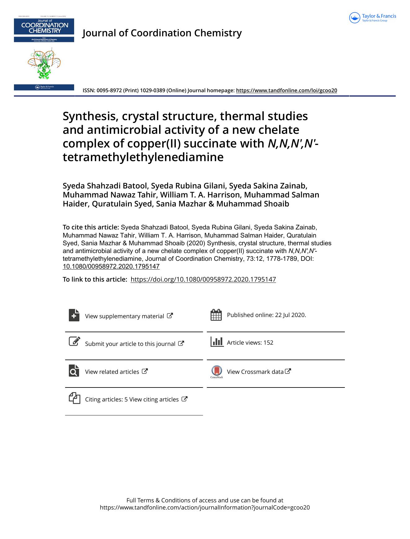 Synthesis, crystal structure, thermal studies and antimicrobial activity of a new chelate complex of copper(II) succinate with N,N,Nâ²,Nâ²-tetramethylethylenediamine by unknow