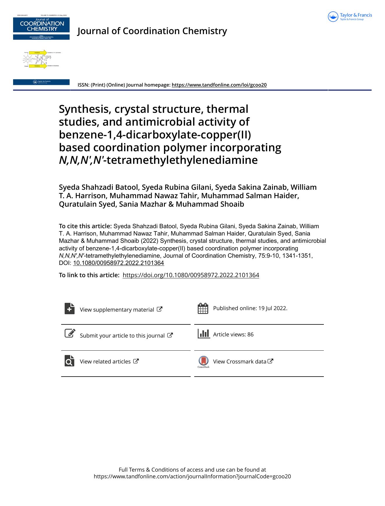 Synthesis, crystal structure, thermal studies, and antimicrobial activity of benzene-1,4-dicarboxylate-copper(II) based coordination polymer incorporating N,N,Nâ²,Nâ²-tetramethylethylenediamine by unknow