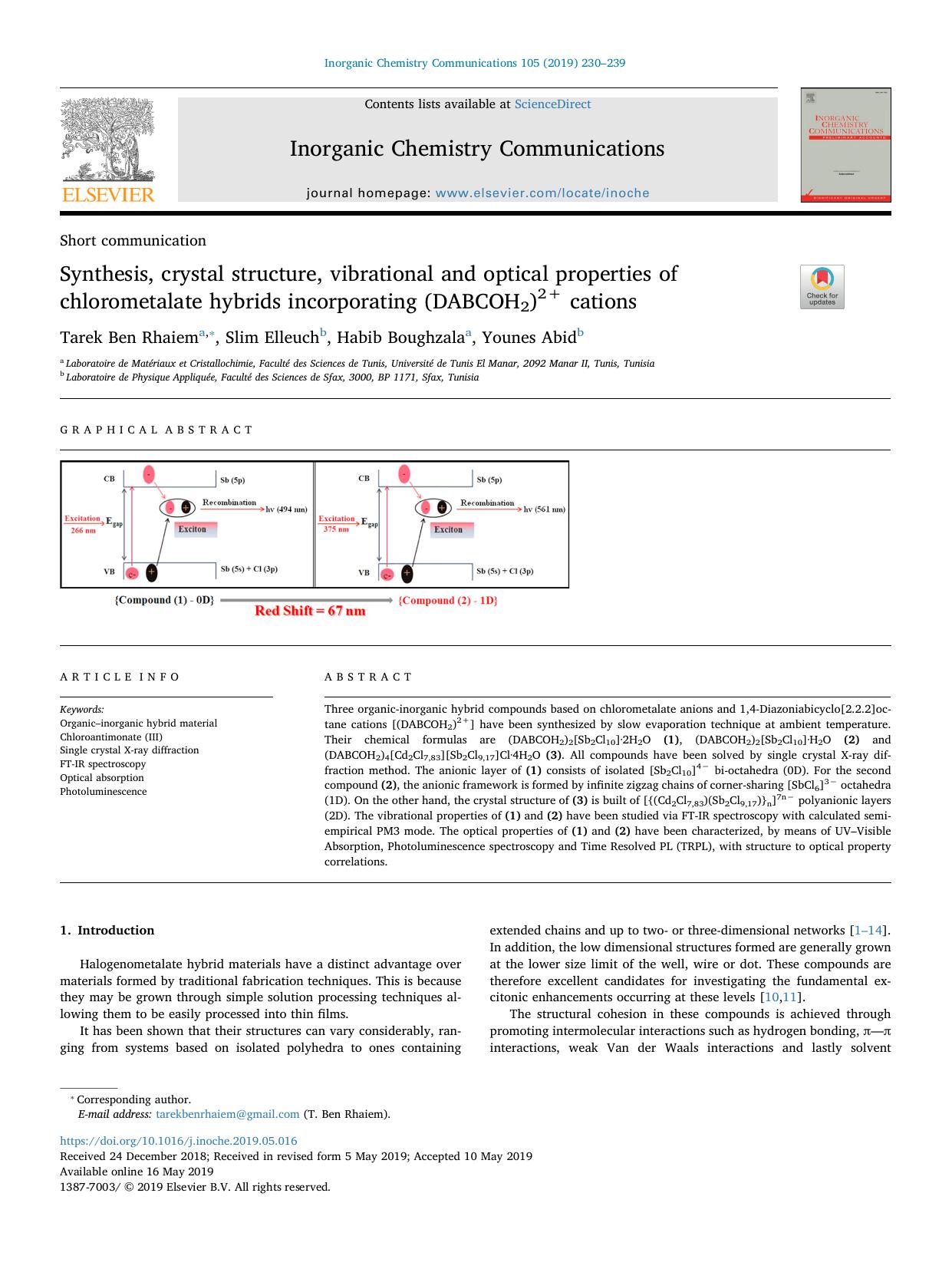 Synthesis, crystal structure, vibrational and optical properties of chlorometalate hybrids incorporating (DABCOH2)2+ cations by Tarek Ben Rhaiem & Slim Elleuch & Habib Boughzala & Younes Abid