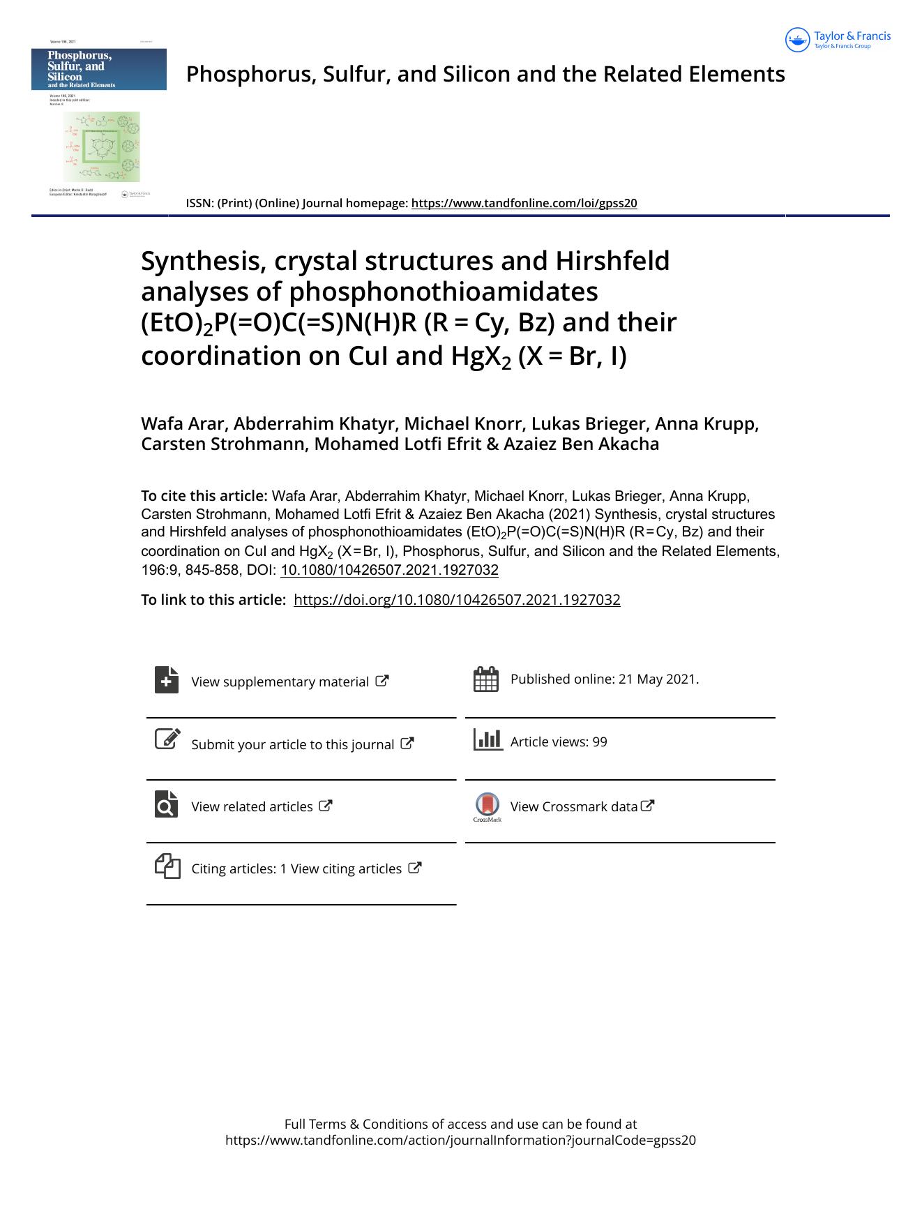 Synthesis, crystal structures and Hirshfeld analyses of phosphonothioamidates (EtO)2P(=O)C(=S)N(H)R (Râ=âCy, Bz) and their coordination on CuI and HgX2 (Xâ=âBr, I) by unknow
