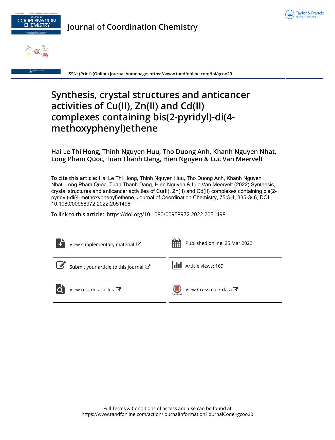Synthesis, crystal structures and anticancer activities of Cu(II), Zn(II) and Cd(II) complexes containing bis(2-pyridyl)-di(4-methoxyphenyl)ethene by unknow