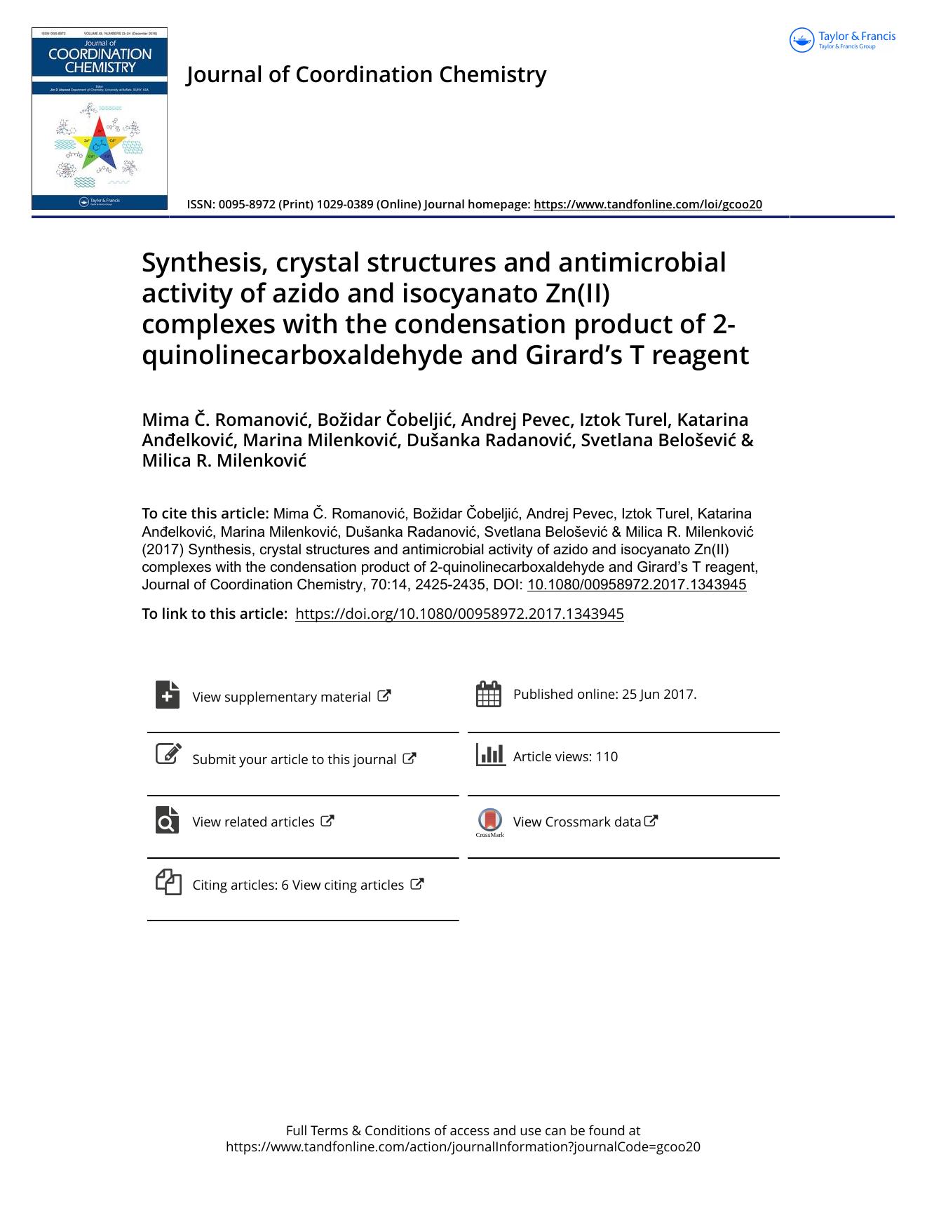 Synthesis, crystal structures and antimicrobial activity of azido and isocyanato Zn(II) complexes with the condensation product of 2-quinolinecarboxaldehyde and Girardâs T reagent by unknow