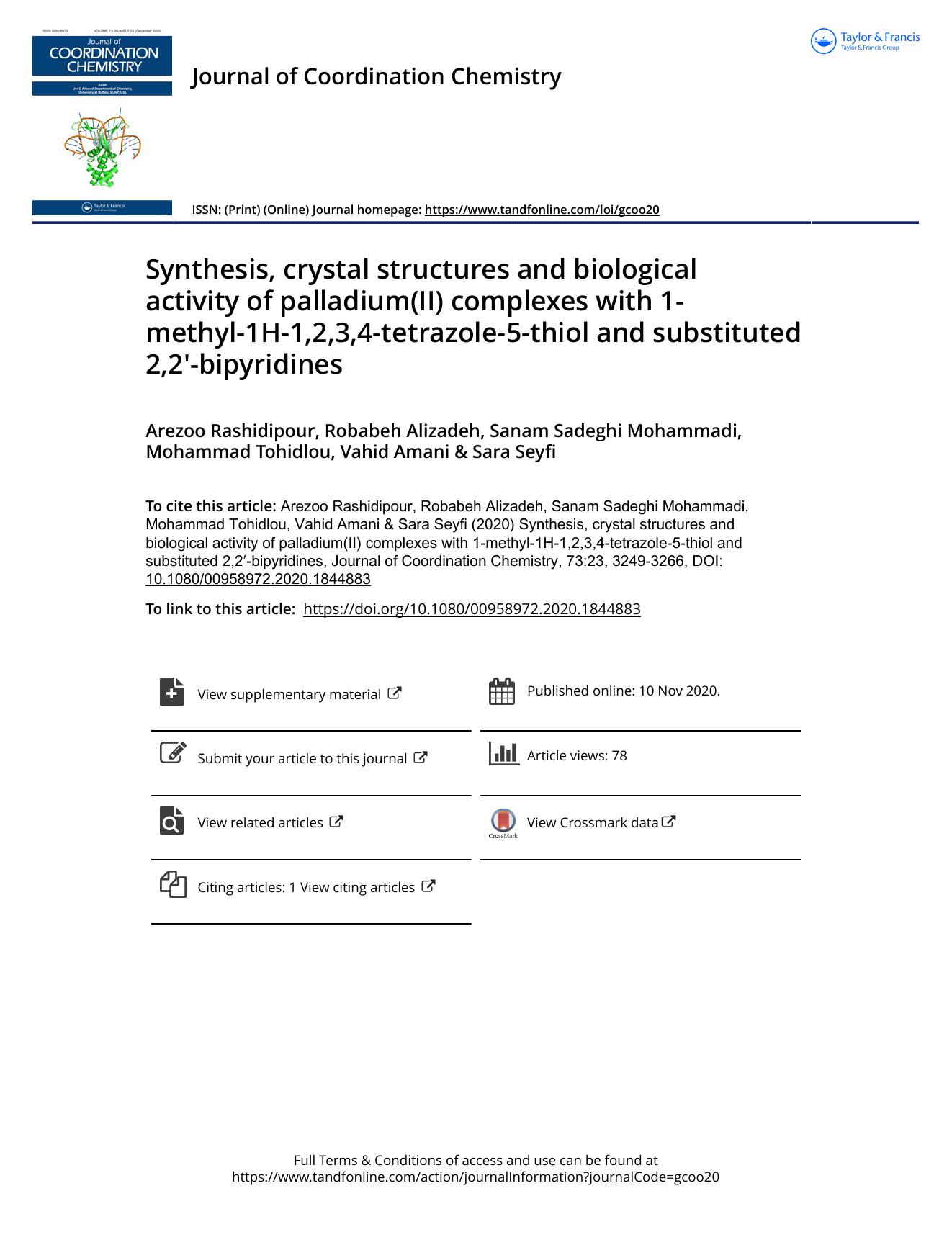Synthesis, crystal structures and biological activity of palladium(II) complexes with 1-methyl-1H-1,2,3,4-tetrazole-5-thiol and substituted 2,2â²-bipyridines by unknow