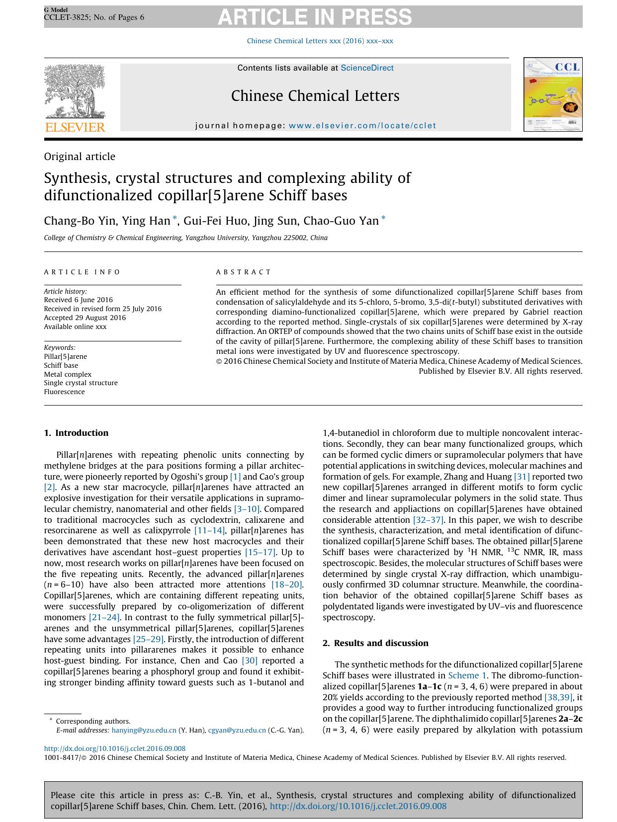 Synthesis, crystal structures and complexing ability of difunctionalized copillar[5]arene Schiff bases by Chang-Bo Yin & Ying Han & Gui-Fei Huo & Jing Sun & Chao-Guo Yan