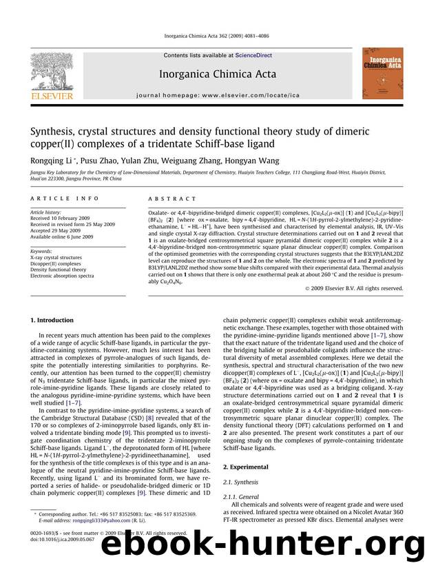 Synthesis, crystal structures and density functional theory study of dimeric copper(II) complexes of a tridentate Schiff-base ligand by Rongqing Li; Pusu Zhao; Yulan Zhu; Weiguang Zhang; Hongyan Wang