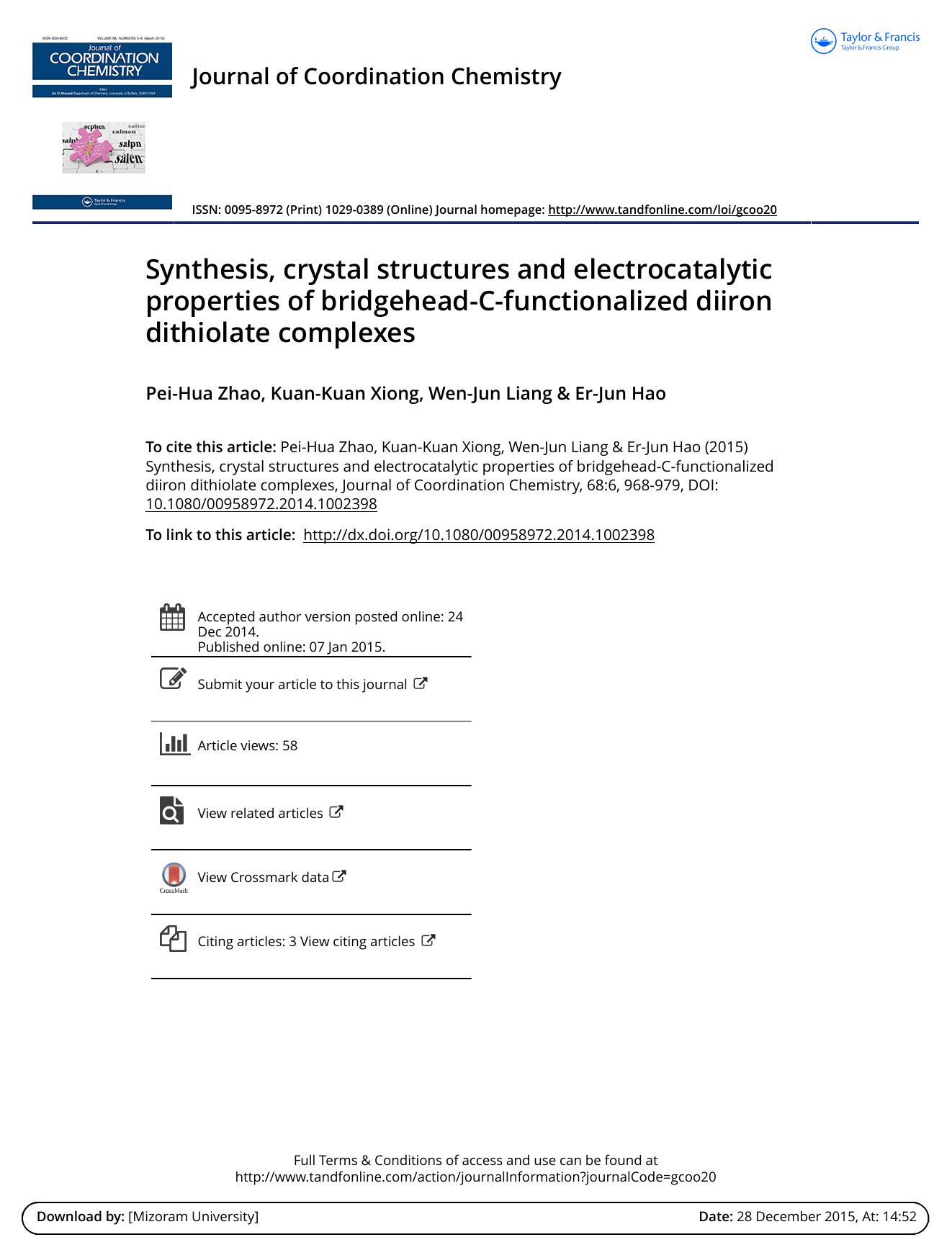 Synthesis, crystal structures and electrocatalytic properties of bridgehead-C-functionalized diiron dithiolate complexes by Pei-Hua Zhao