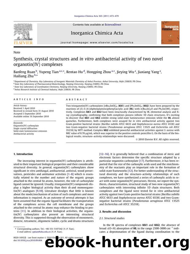 Synthesis, crystal structures and in vitro antibacterial activity of two novel organotin(IV) complexes by Banfeng Ruan & Yupeng Tian & Rentao Hu & Hongping Zhou & Jieying Wu & Jiaxiang Yang & Hailiang Zhu