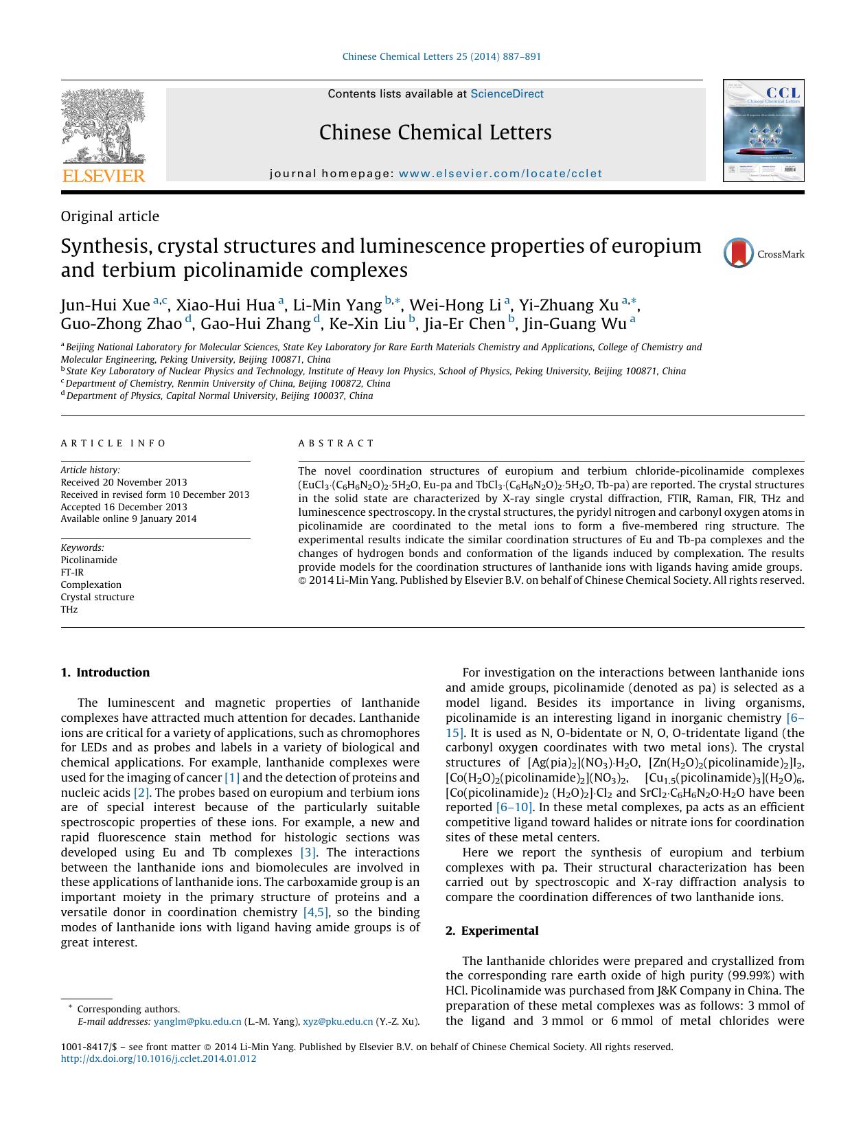 Synthesis, crystal structures and luminescence properties of europium and terbium picolinamide complexes by unknow