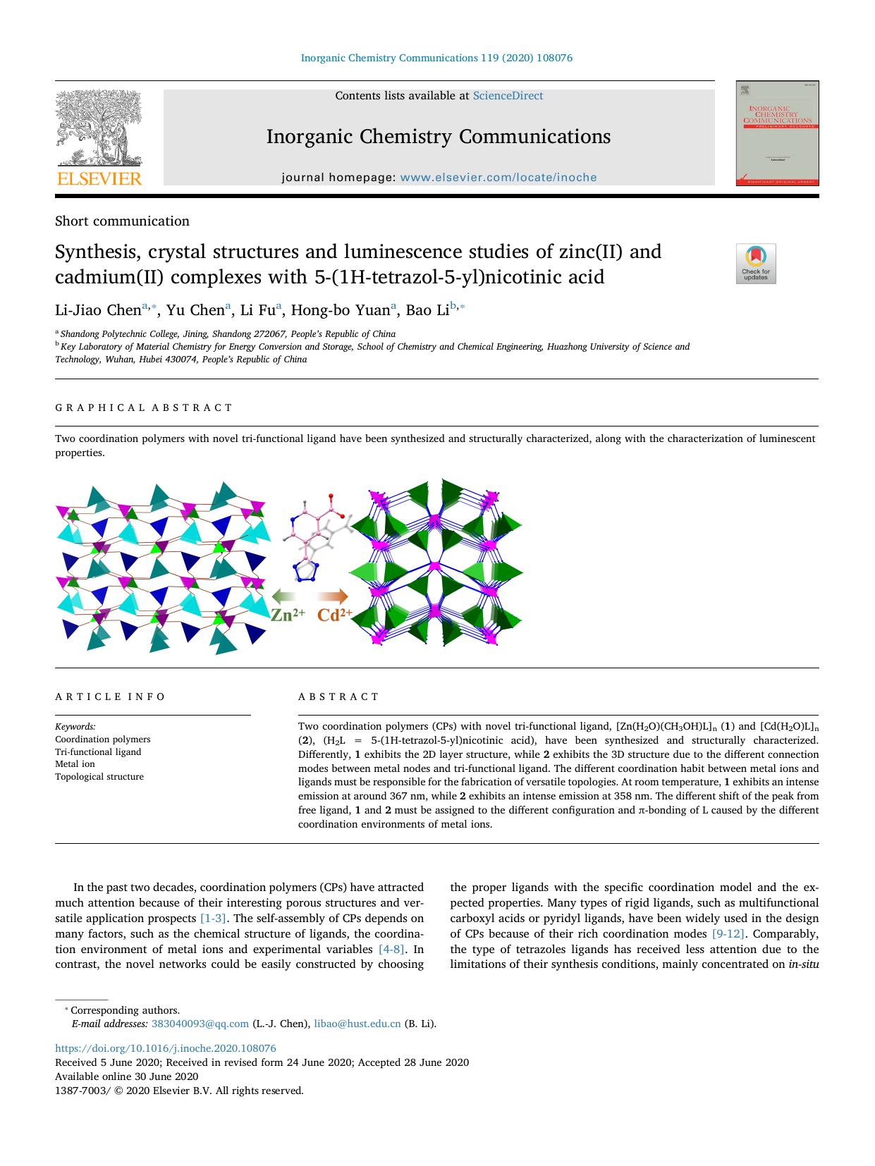 Synthesis, crystal structures and luminescence studies of zinc(II) and cadmium(II) complexes with 5-(1H-tetrazol-5-yl)nicotinic acid by Li-Jiao Chen & Yu Chen & Li Fu & Hong-bo Yuan & Bao Li