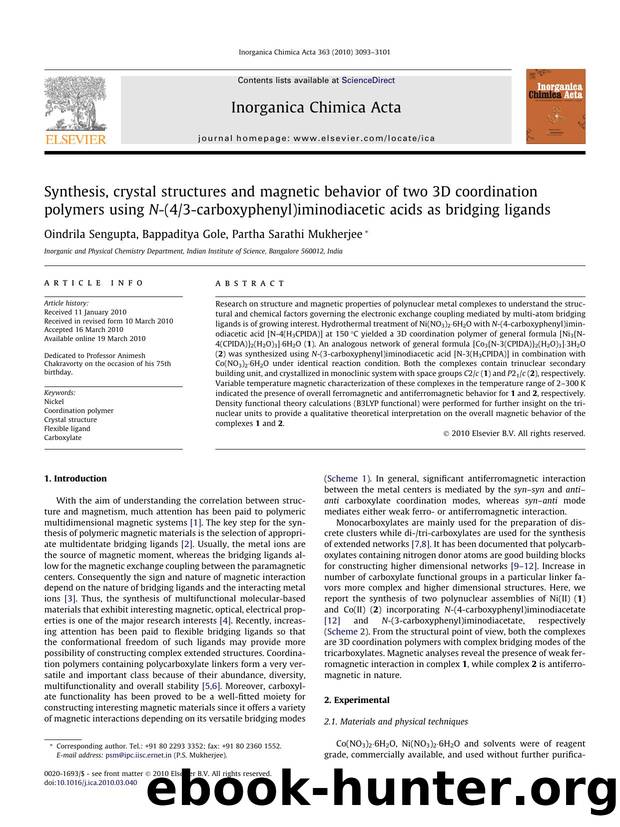 Synthesis, crystal structures and magnetic behavior of two 3D coordination polymers using N-(43-carboxyphenyl)iminodiacetic acids as bridging ligands by Oindrila Sengupta & Bappaditya Gole & Partha Sarathi Mukherjee