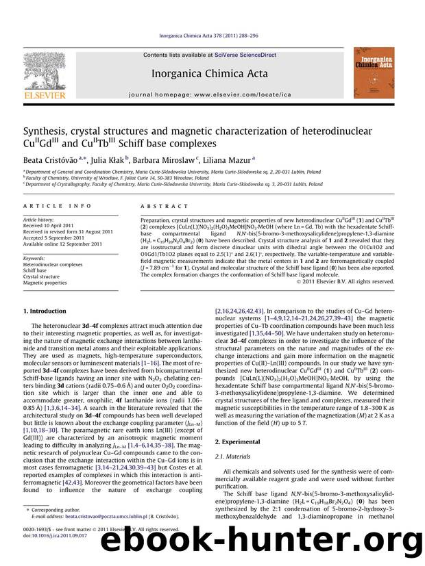 Synthesis, crystal structures and magnetic characterization of heterodinuclear CuIIGdIII and CuIITbIII Schiff base complexes by Beata CristÃ³vÃ£o & Julia Kłak & Barbara Miroslaw & Liliana Mazur