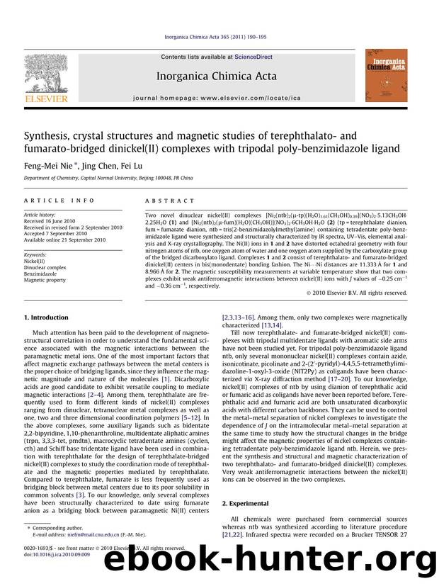 Synthesis, crystal structures and magnetic studies of terephthalato- and fumarato-bridged dinickel(II) complexes with tripodal poly-benzimidazole ligand by Feng-Mei Nie & Jing Chen & Fei Lu