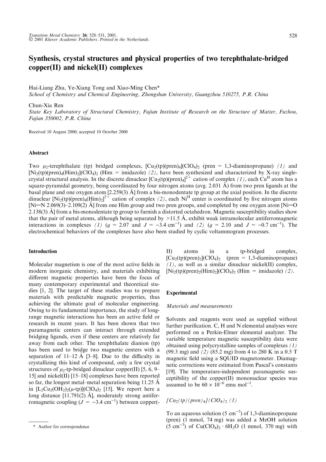 Synthesis, crystal structures and physical properties of two terephthalate-bridged copper(II) and nickel(II) complexes by Unknown