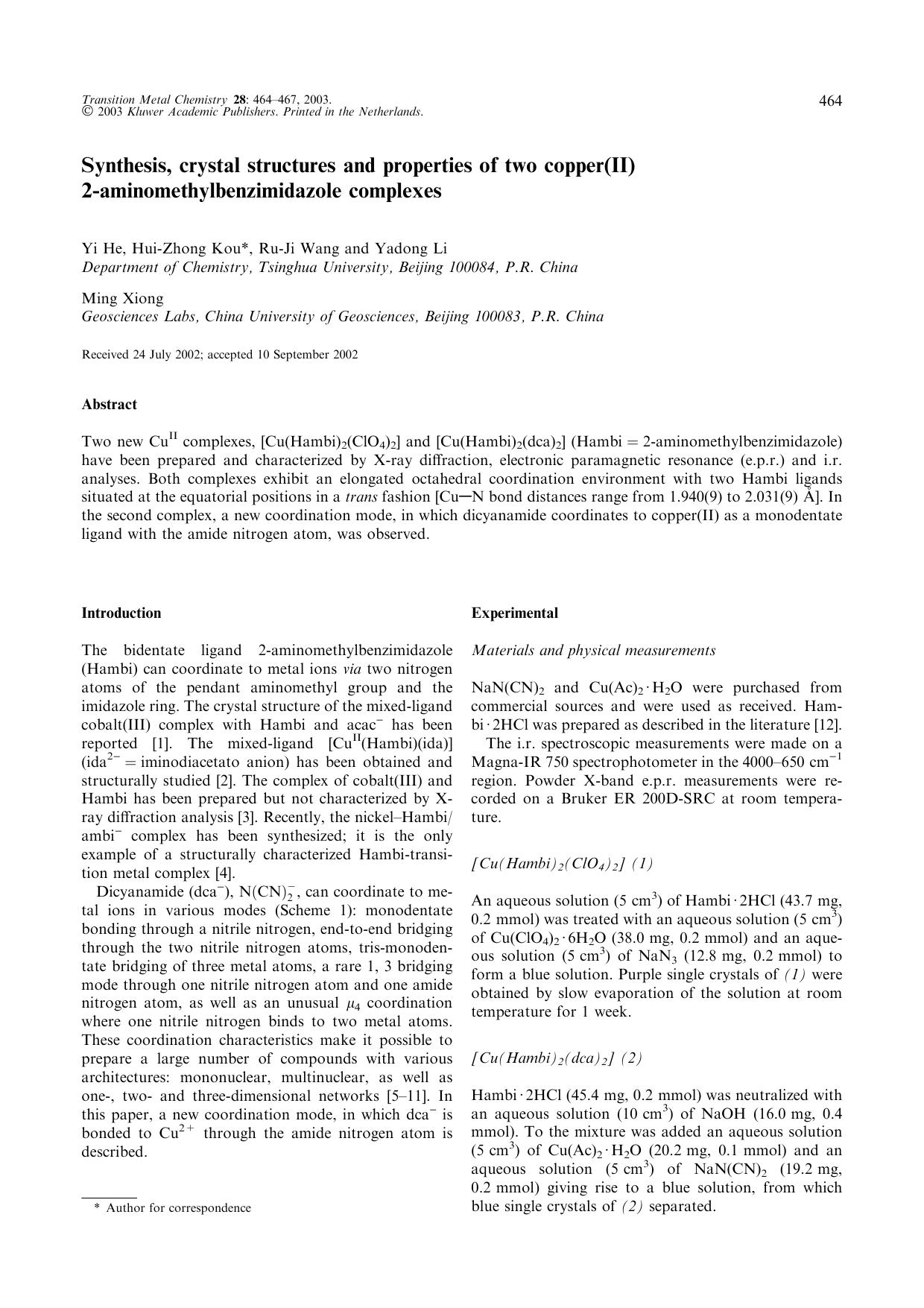 Synthesis, crystal structures and properties of two copper(II) 2-aminomethylbenzimidazole complexes by Unknown