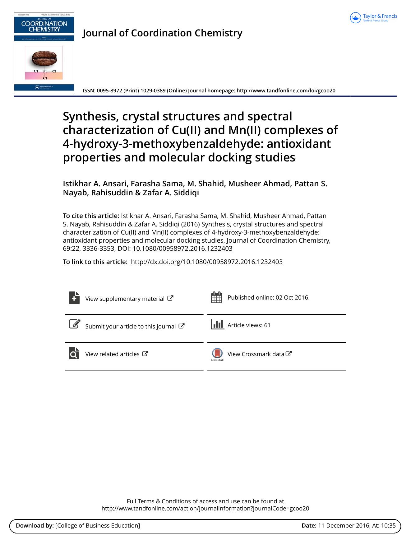 Synthesis, crystal structures and spectral characterization of Cu(II) and Mn(II) complexes of 4-hydroxy-3-methoxybenzaldehyde: antioxidant properties and molecular docking studies by unknow