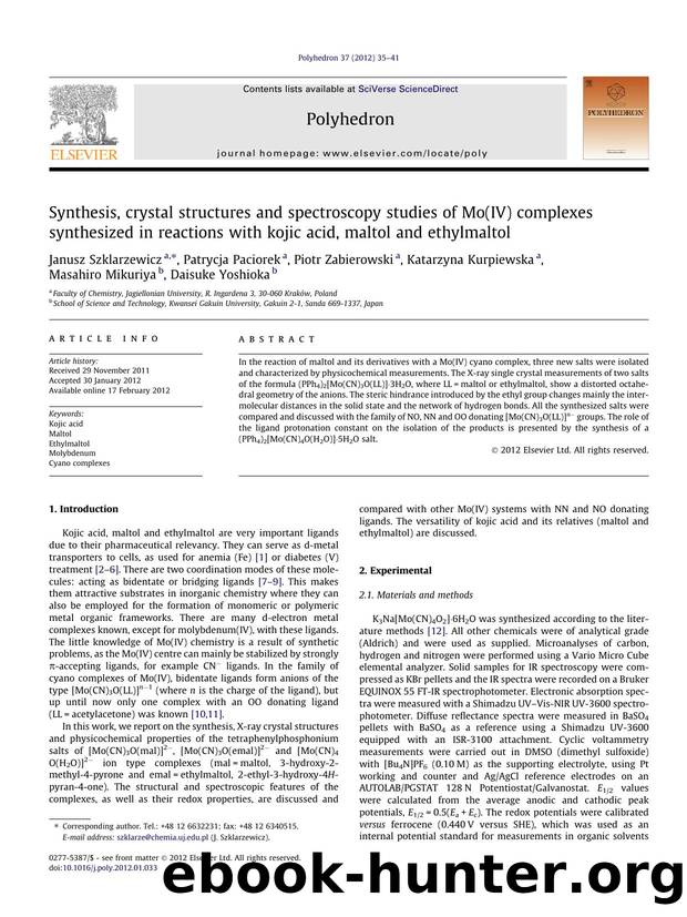 Synthesis, crystal structures and spectroscopy studies of Mo(IV) complexes synthesized in reactions with kojic acid, maltol and ethylmaltol by unknow