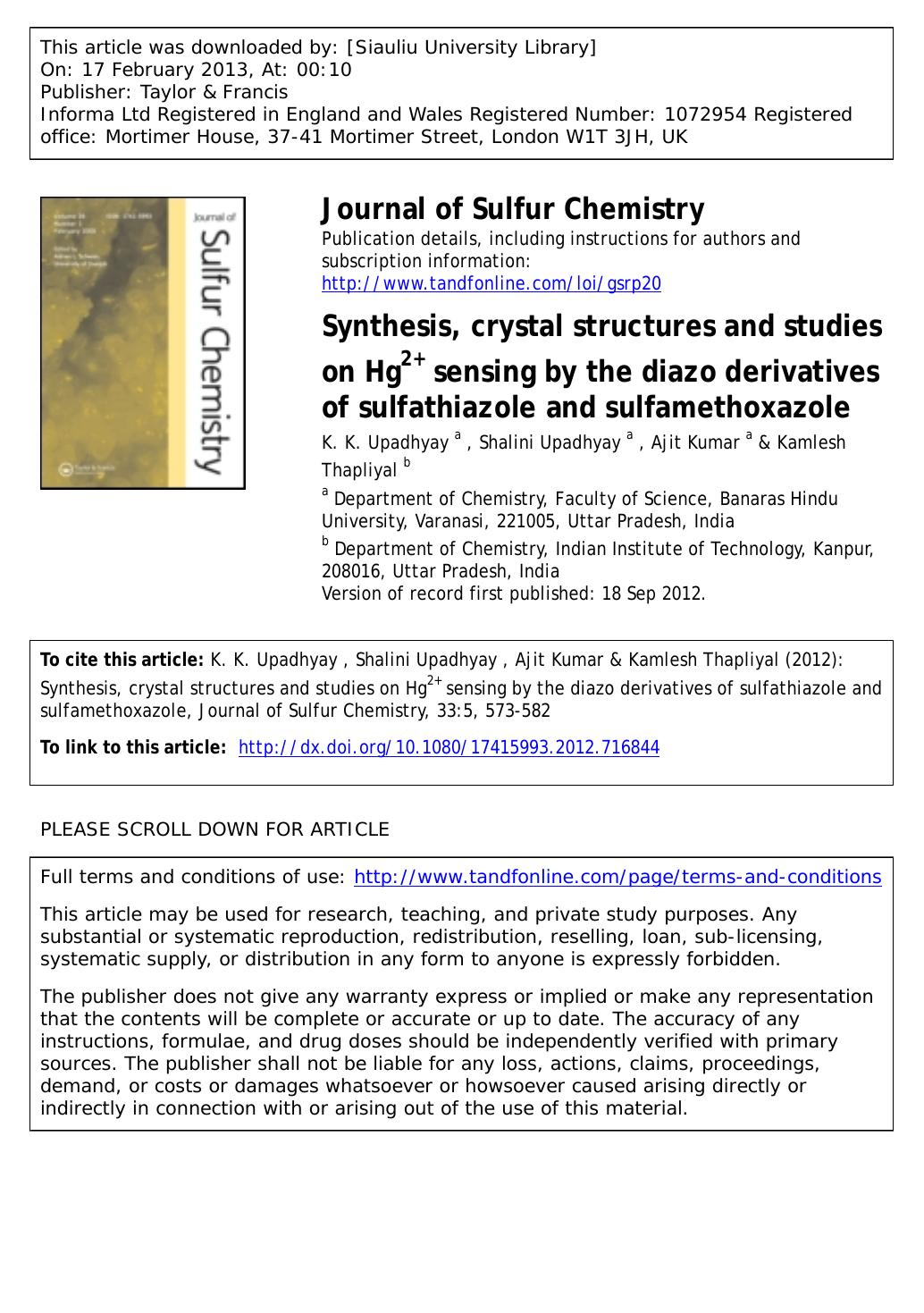 Synthesis, crystal structures and studies on Hg2+ sensing by the diazo derivatives of sulfathiazole and sulfamethoxazole by K. K. Upadhyay Shalini Upadhyay Ajit Kumar & Kamlesh Thapliyal