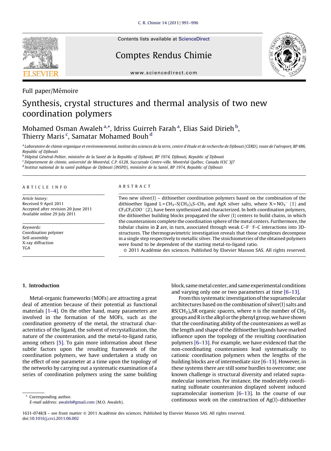 Synthesis, crystal structures and thermal analysis of two new coordination polymers by Mohamed Osman Awaleh