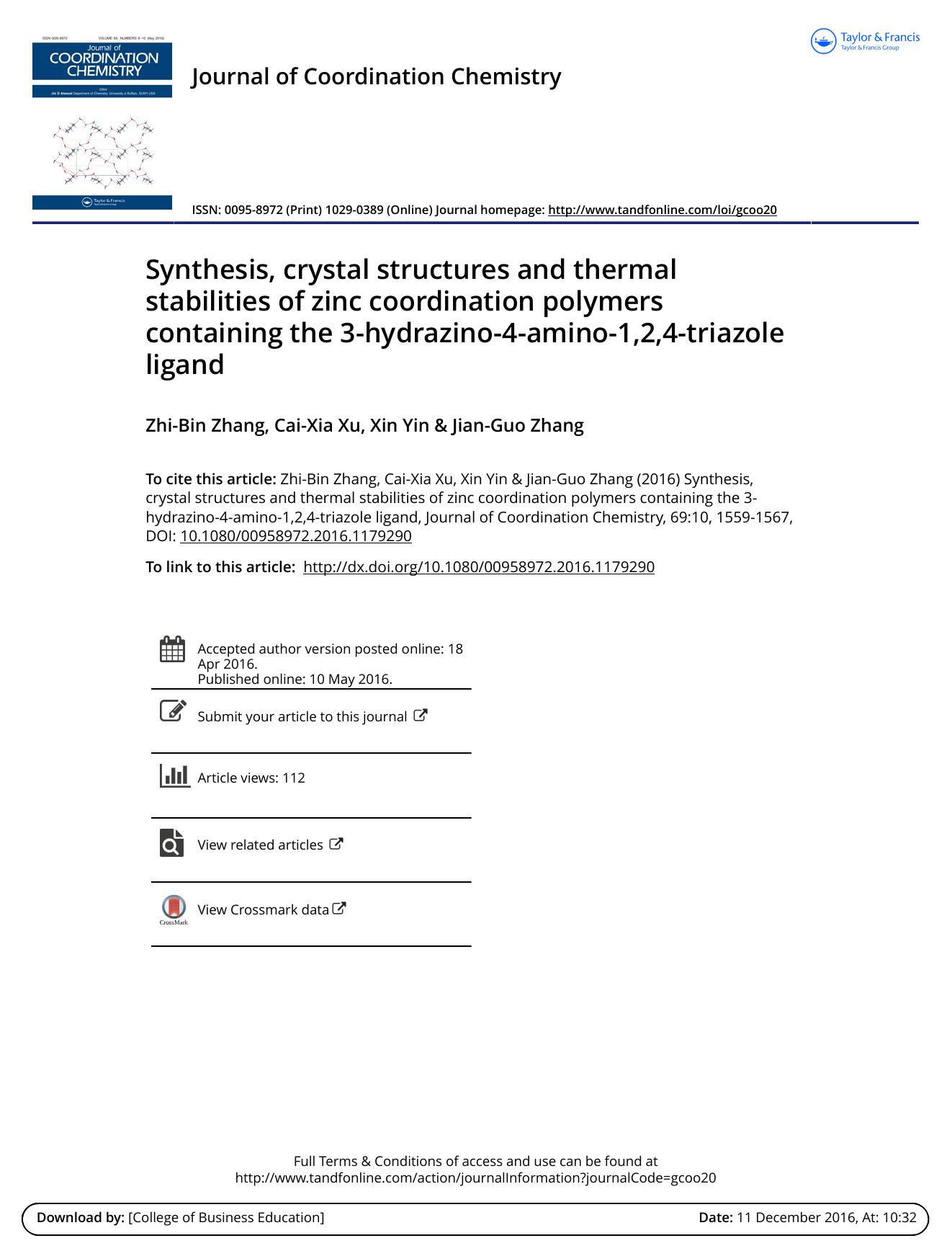 Synthesis, crystal structures and thermal stabilities of zinc coordination polymers containing the 3-hydrazino-4-amino-1,2,4-triazole ligand by Zhi-Bin Zhang & Cai-Xia Xu & Xin Yin & Jian-Guo Zhang