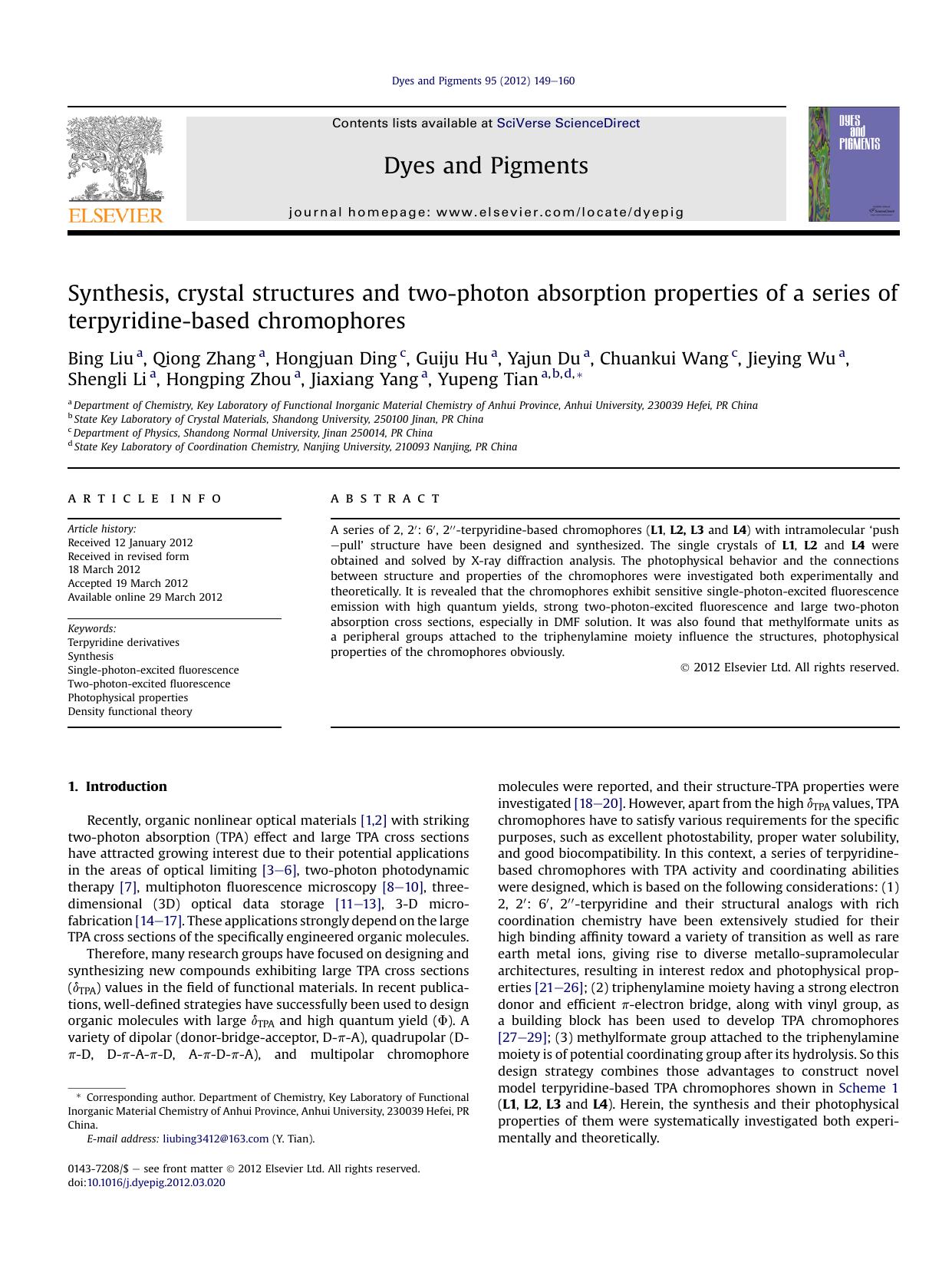 Synthesis, crystal structures and two-photon absorption properties of a series of terpyridine-based chromophores by unknow