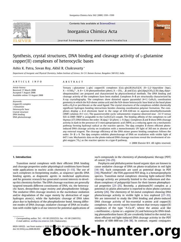 Synthesis, crystal structures, DNA binding and cleavage activity of l-glutamine copper(II) complexes of heterocyclic bases by Ashis K. Patra; Sovan Roy; Akhil R. Chakravarty