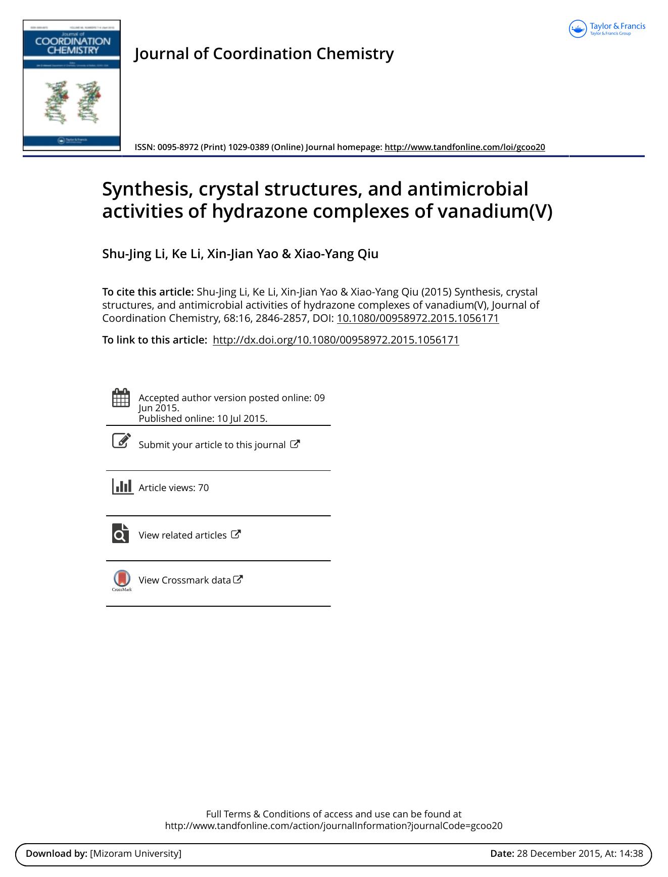 Synthesis, crystal structures, and antimicrobial activities of hydrazone complexes of vanadium(V) by Shu-Jing Li