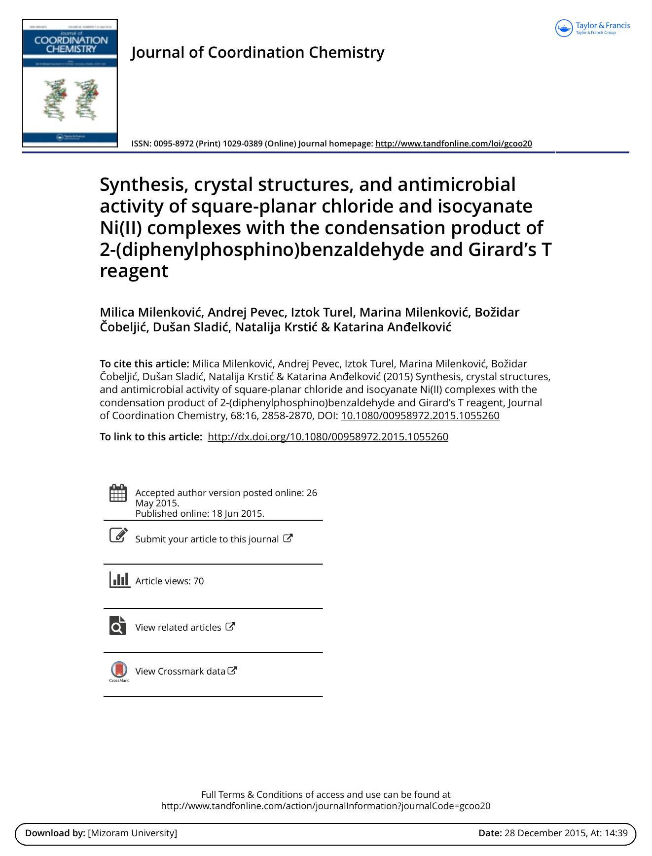 Synthesis, crystal structures, and antimicrobial activity of square-planar chloride and isocyanate Ni(II) complexes with the condensation product of 2-(diphenylphosphino)benzaldehy by Milica Milenković