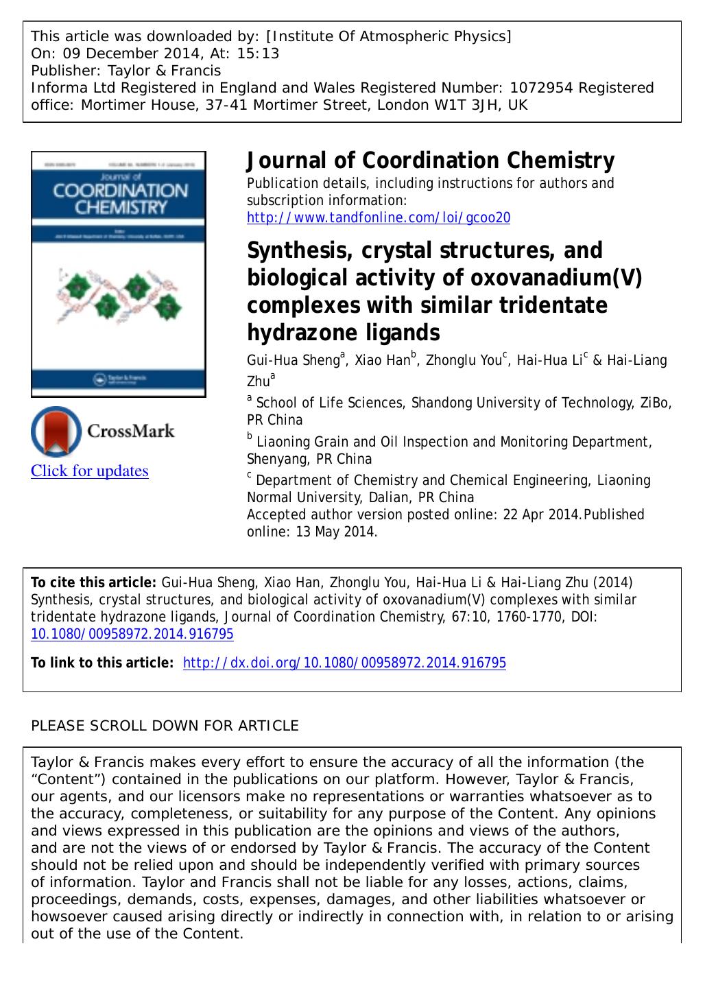 Synthesis, crystal structures, and biological activity of oxovanadium(V) complexes with similar tridentate hydrazone ligands by Gui-Hua Sheng