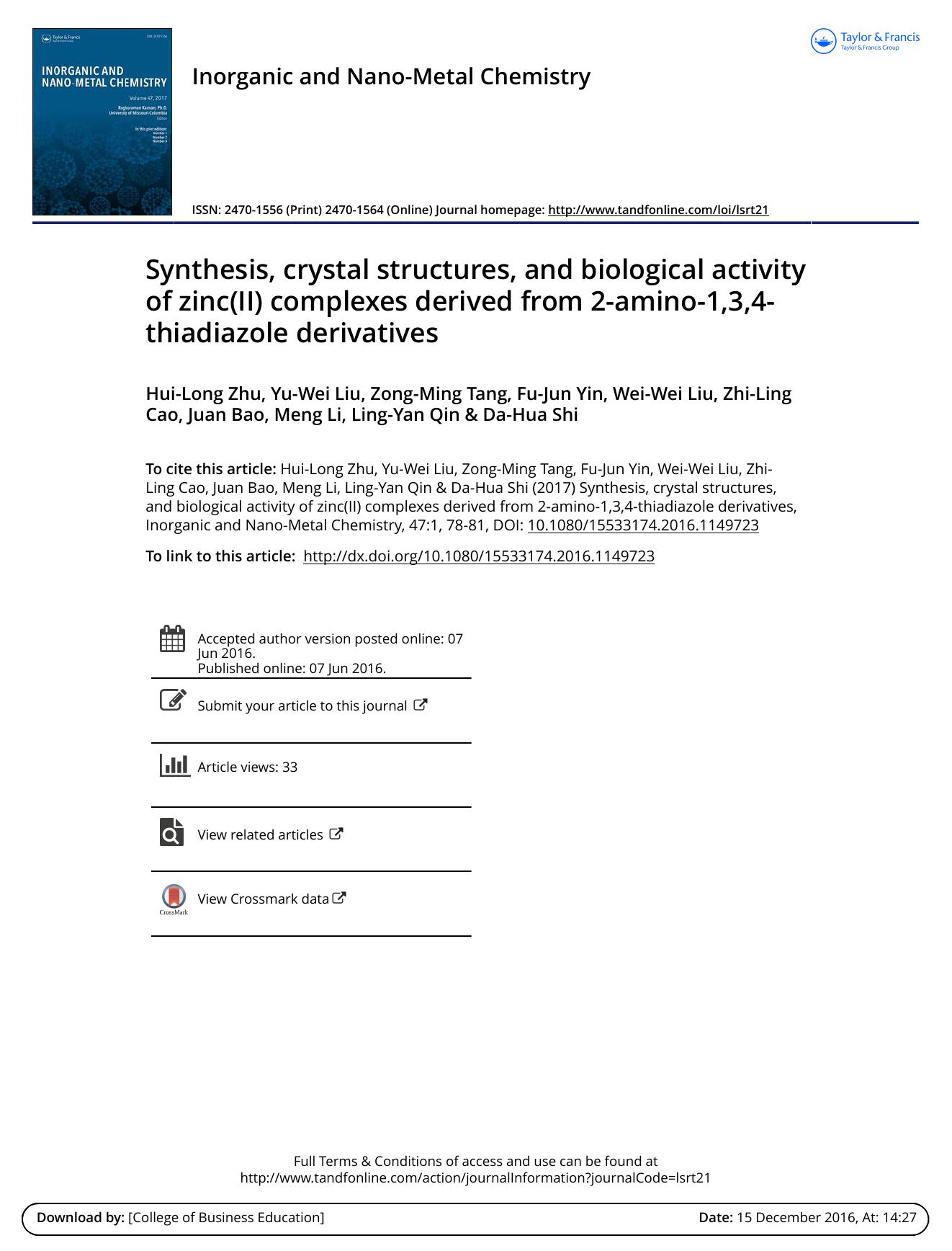 Synthesis, crystal structures, and biological activity of zinc\(II\) complexes derived from 2-amino-1,3,4-thiadiazole derivatives by unknow