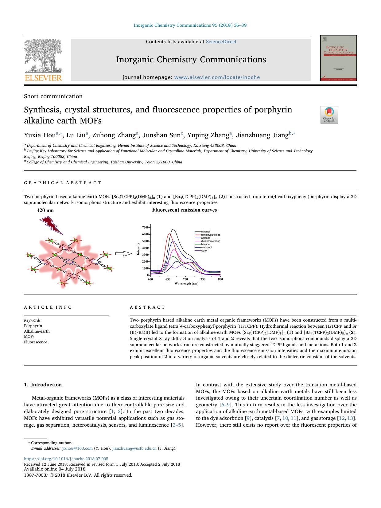 Synthesis, crystal structures, and fluorescence properties of porphyrin alkaline earth MOFs by Yuxia Hou & Lu Liu & Zuhong Zhang & Junshan Sun & Yuping Zhang & Jianzhuang Jiang