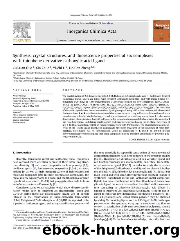 Synthesis, crystal structures, and fluorescence properties of six complexes with thiophene derivative carboxylic acid ligand by Cui-Lian Guo; Xin Zhuo; Yi-Zhi Li; He-Gen Zheng