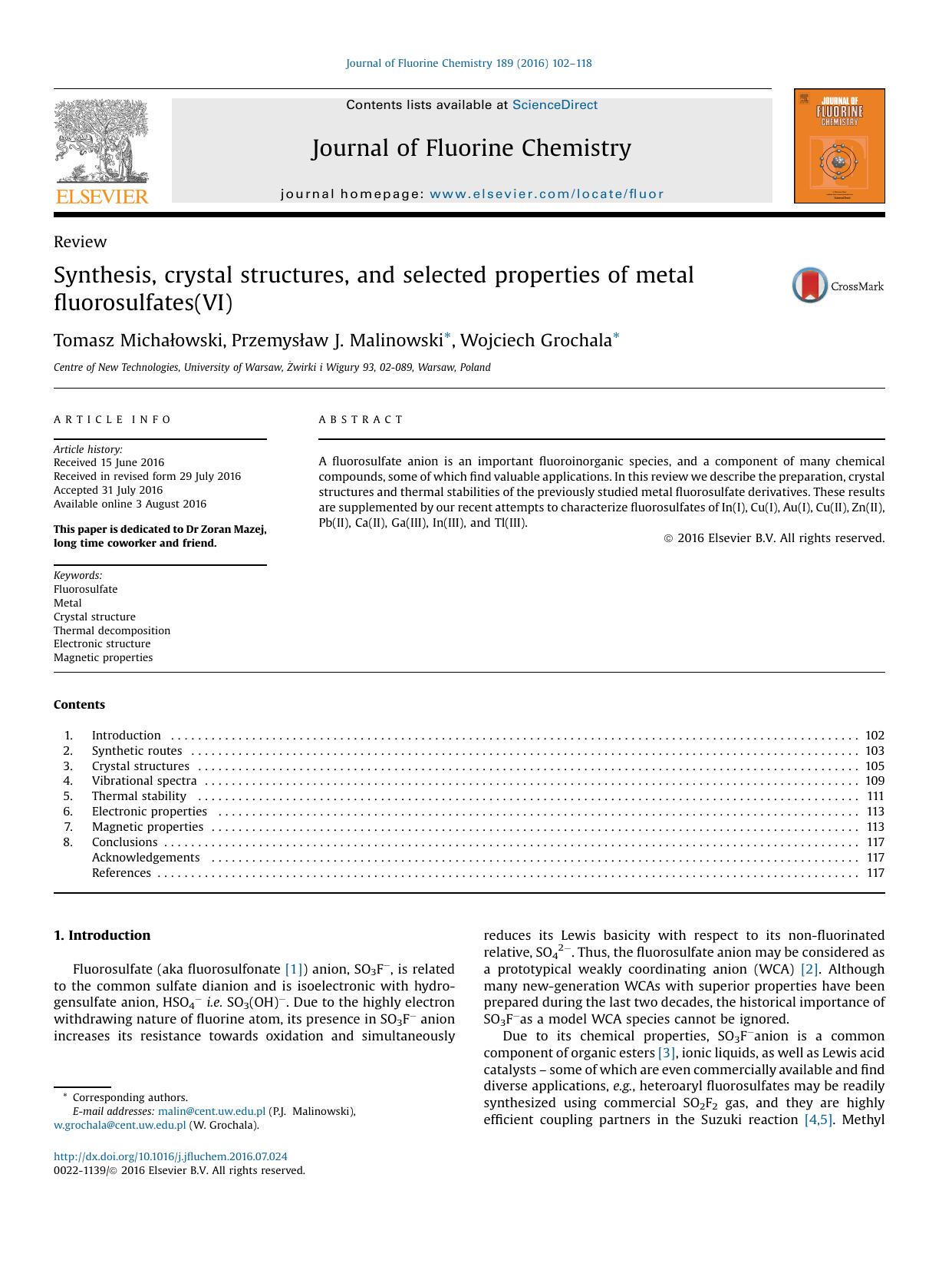 Synthesis, crystal structures, and selected properties of metal fluorosulfates(VI) by Tomasz Michałowski & Przemysław J. Malinowski & Wojciech Grochala