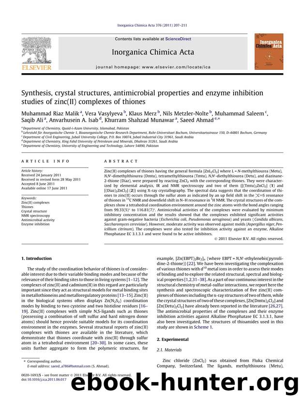 Synthesis, crystal structures, antimicrobial properties and enzyme inhibition studies of zinc(II) complexes of thiones by unknow