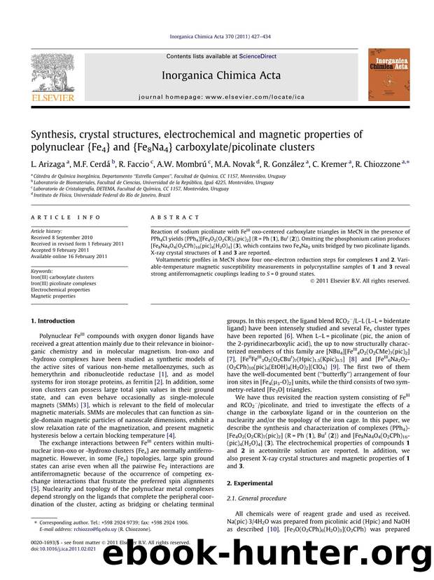 Synthesis, crystal structures, electrochemical and magnetic properties of polynuclear {Fe4} and {Fe8Na4} carboxylatepicolinate clusters by unknow