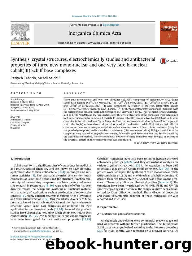 Synthesis, crystal structures, electrochemically studies and antibacterial properties of three new mono-nuclear and one very rare bi-nuclear cobalt(III) Schiff base complexes by Raziyeh Taherlo & Mehdi Salehi