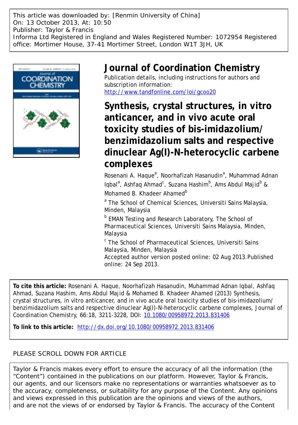 Synthesis, crystal structures, in vitro anticancer, and in vivo acute oral toxicity studies of bis-imidazoliumbenzimidazolium salts and respective dinuclear Ag(I)-N-heterocyclic carbene complexes by unknow