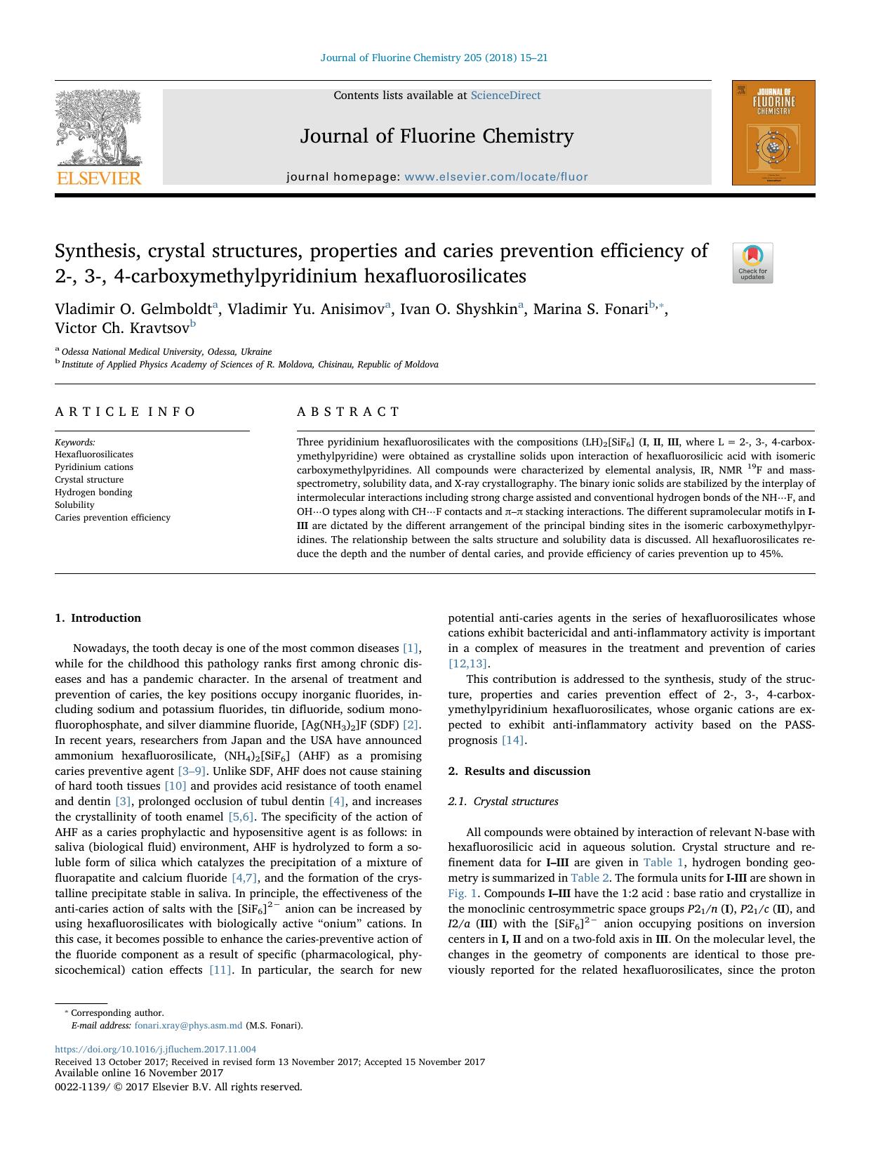 Synthesis, crystal structures, properties and caries prevention efficiency of 2-, 3-, 4-carboxymethylpyridinium hexafluorosilicates by Vladimir O. Gelmboldt
