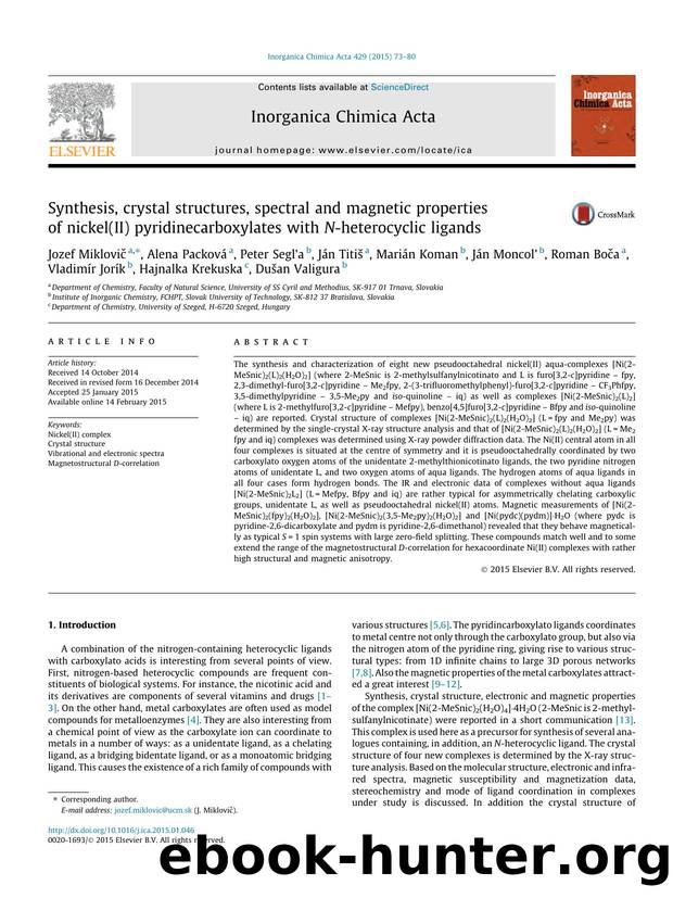 Synthesis, crystal structures, spectral and magnetic properties of nickel(II) pyridinecarboxylates with N-heterocyclic ligands by unknow