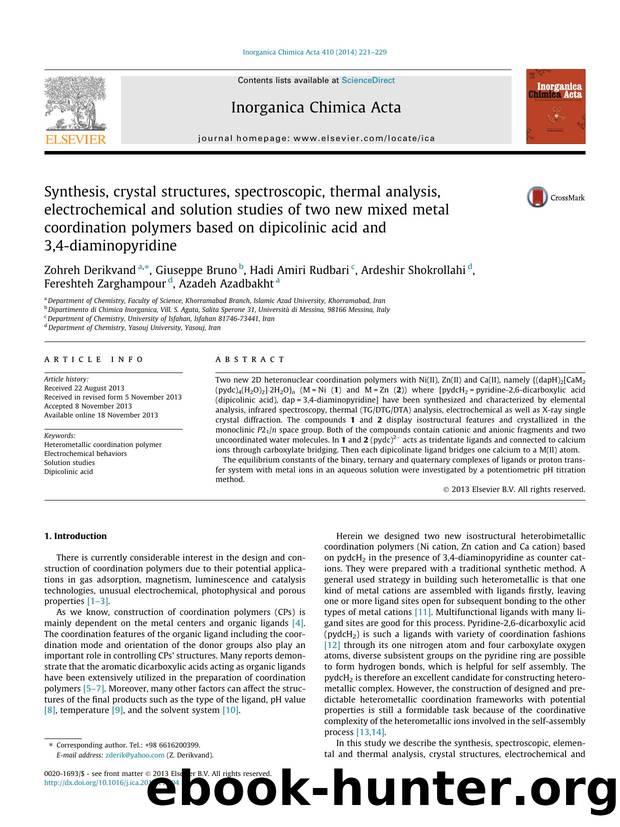Synthesis, crystal structures, spectroscopic, thermal analysis, electrochemical and solution studies of two new mixed metal coordination polymers based on dipicolinic acid and 3,4-diaminopyridine by unknow