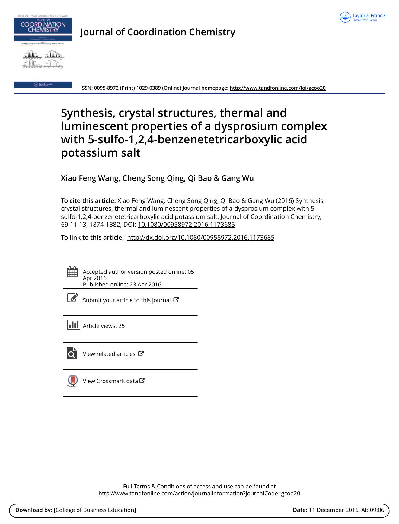 Synthesis, crystal structures, thermal and luminescent properties of a dysprosium complex with 5-sulfo-1,2,4-benzenetetricarboxylic acid potassium salt by Xiao Feng Wang & Cheng Song Qing & Qi Bao & Gang Wu