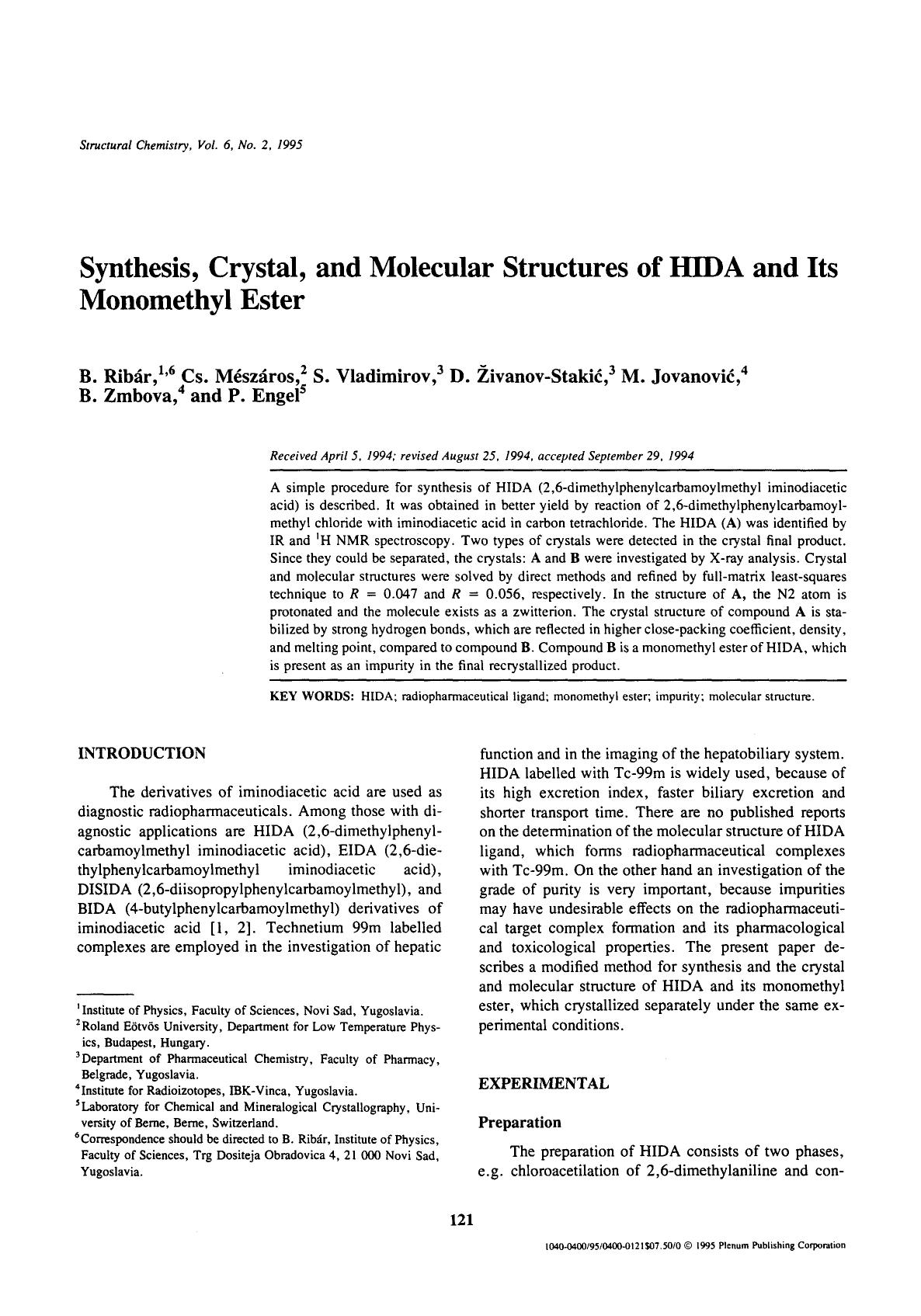 Synthesis, crystal, and molecular structures of HIDA and its monomethyl ester by Unknown