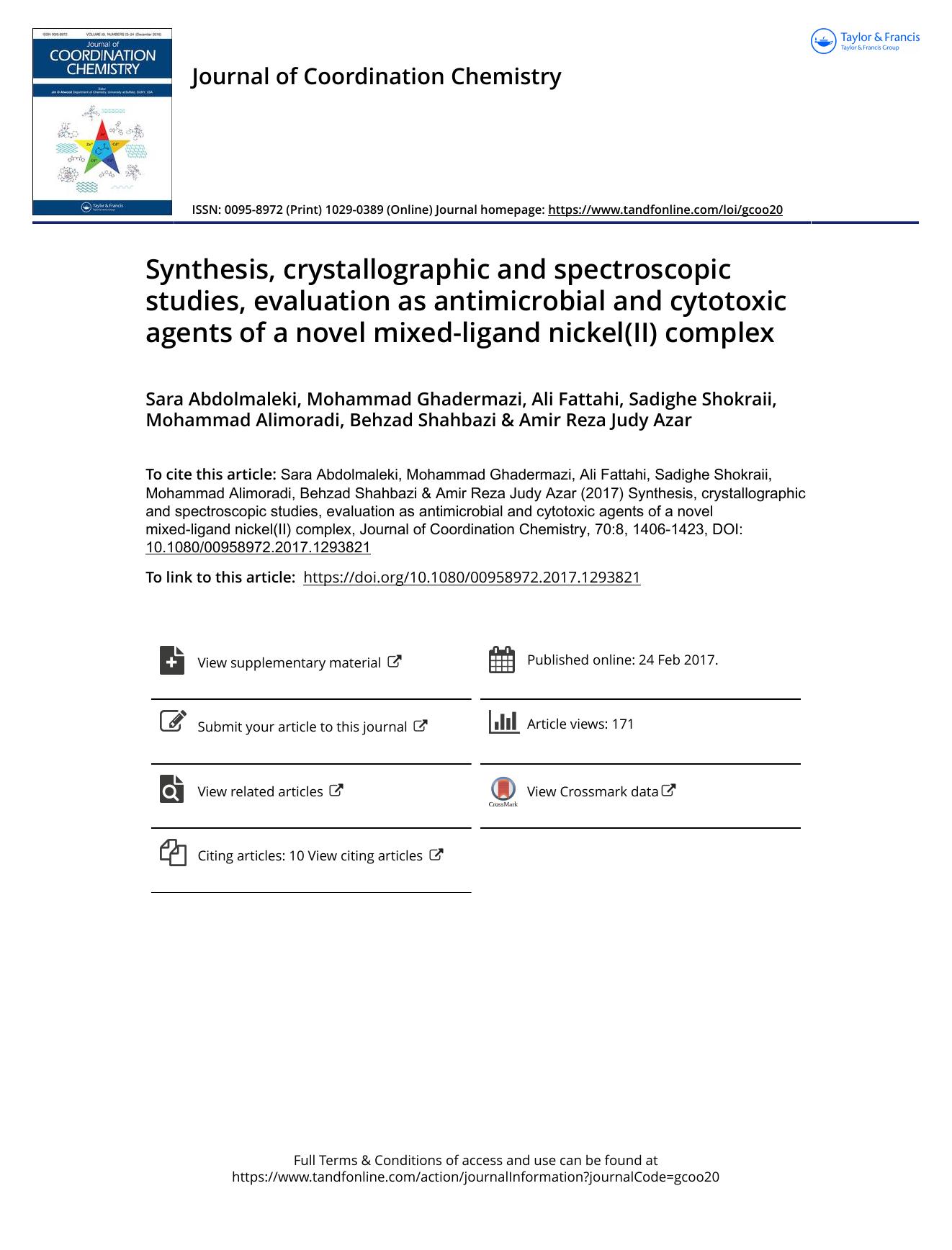 Synthesis, crystallographic and spectroscopic studies, evaluation as antimicrobial and cytotoxic agents of a novel mixed-ligand nickel(II) complex by unknow