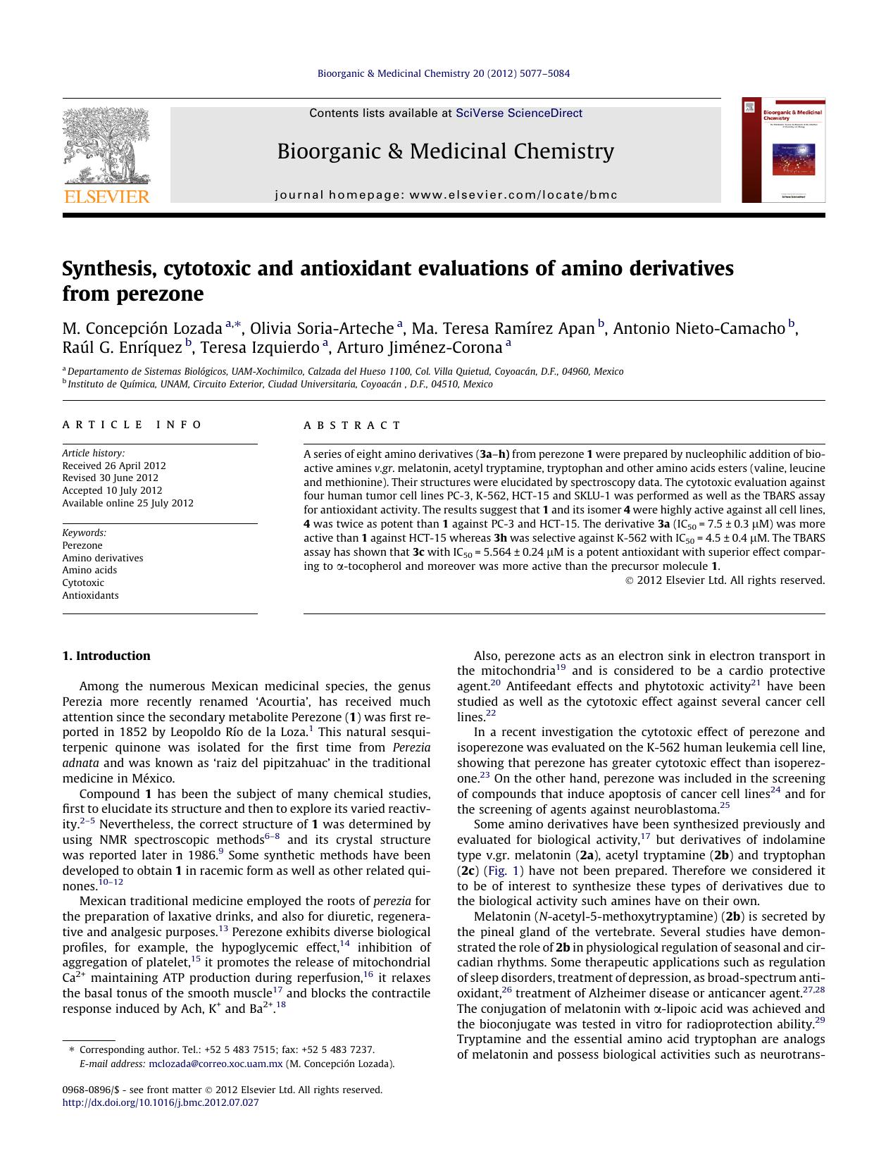Synthesis, cytotoxic and antioxidant evaluations of amino derivatives from perezone by unknow