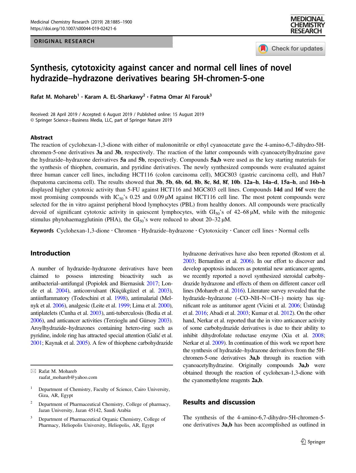 Synthesis, cytotoxicity against cancer and normal cell lines of novel hydrazideâhydrazone derivatives bearing 5H-chromen-5-one by Rafat M. Mohareb & Karam A. EL-Sharkawy & Fatma Omar Al Farouk