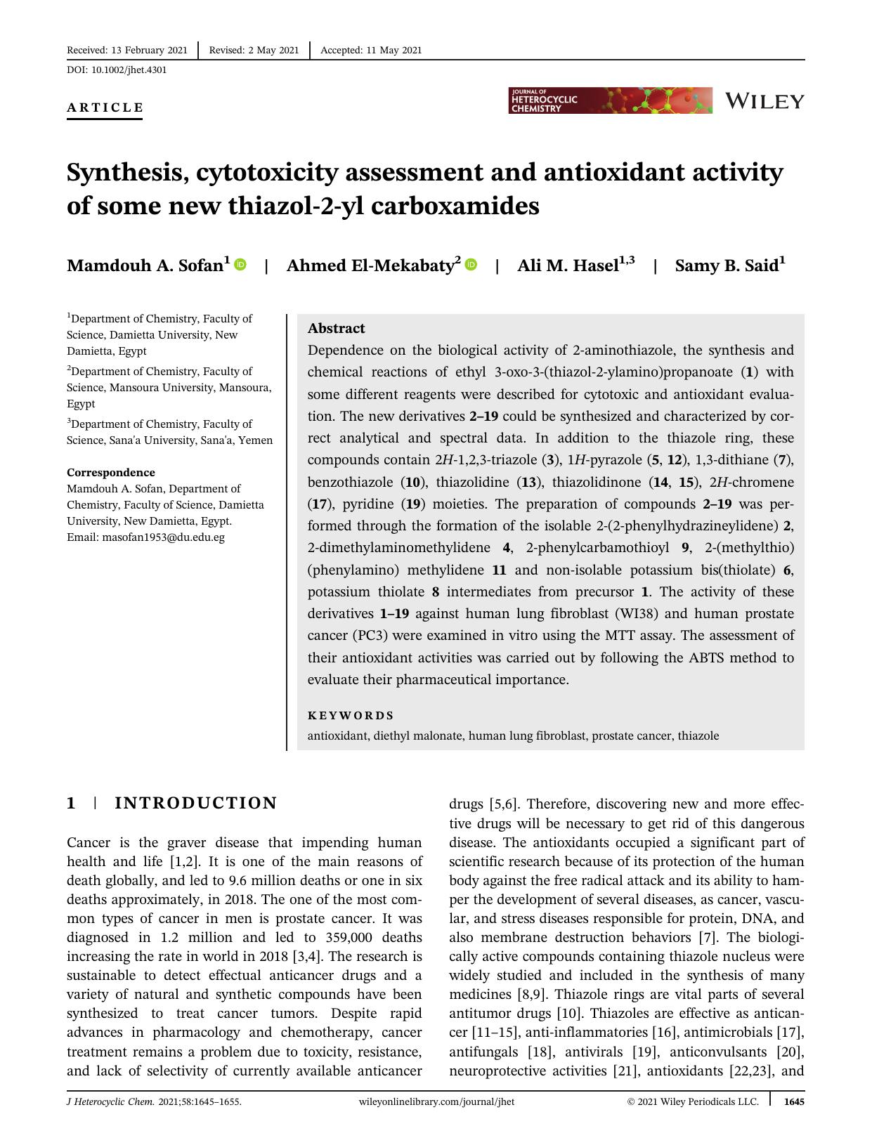 Synthesis, cytotoxicity assessment and antioxidant activity of some new thiazol-2-yl carboxamides by Unknown