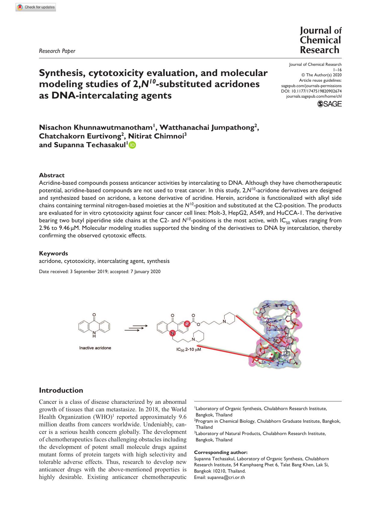 Synthesis, cytotoxicity evaluation, and molecular modeling studies of 2,N10-substituted acridones as DNA-intercalating agents by unknow