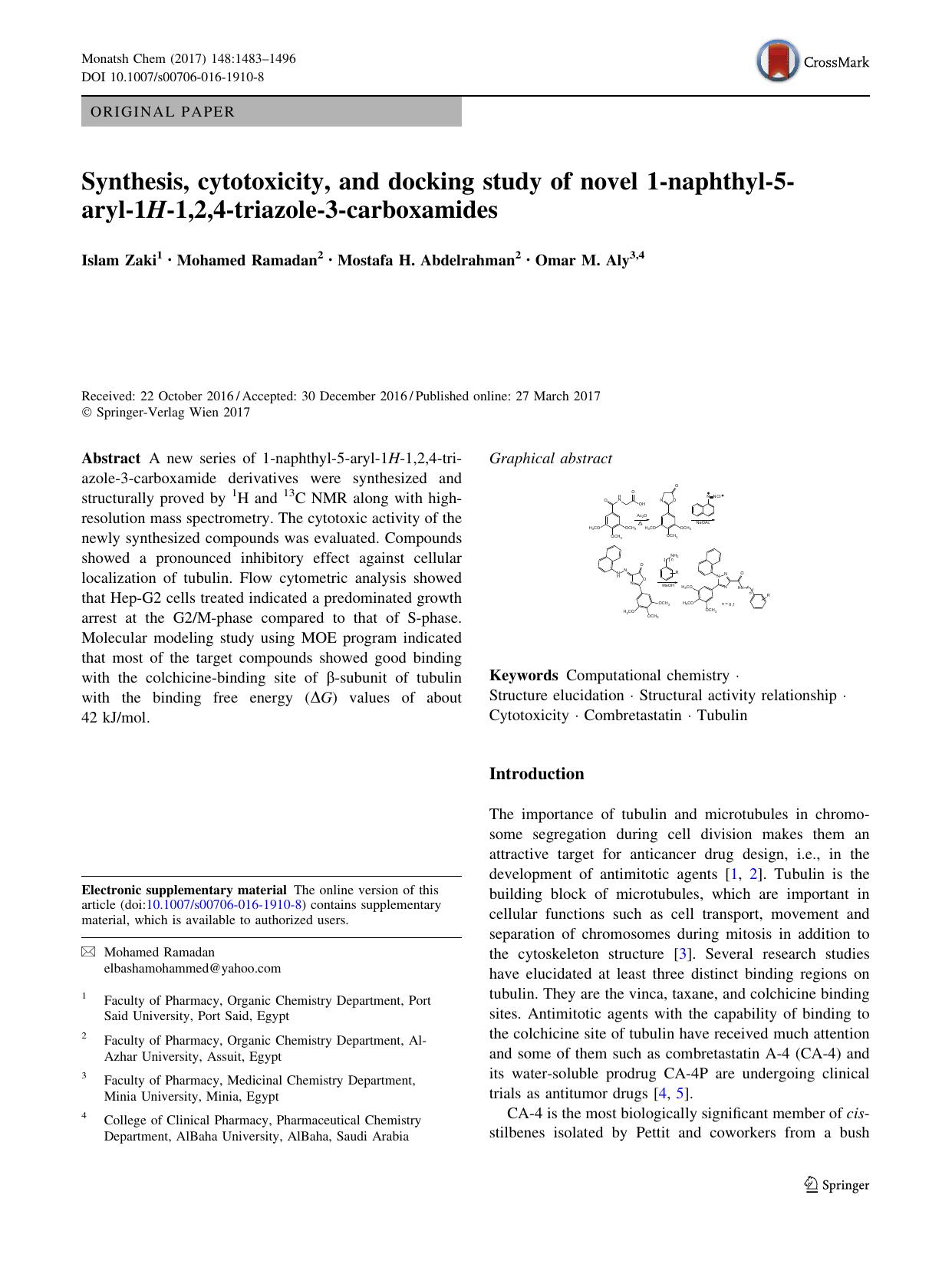 Synthesis, cytotoxicity, and docking study of novel 1-naphthyl-5-aryl-1H-1,2,4-triazole-3-carboxamides by Islam Zaki & Mohamed Ramadan & Mostafa H. Abdelrahman & Omar M. Aly
